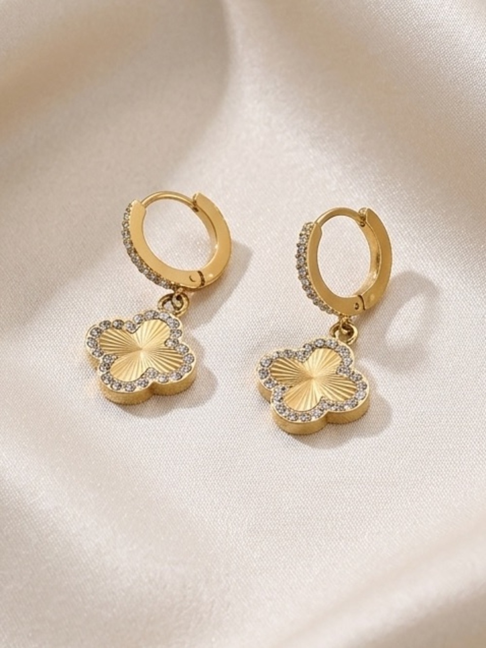 18k Gold Plated Clover Hoop Drop Earrings with Crystal Edge NEW